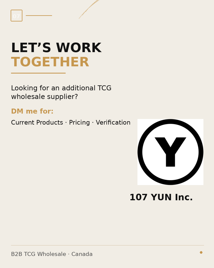 Let’s Work Together — Contact 107 YUN Inc. for current products, pricing and verification. B2B TCG Wholesale, Canada.
